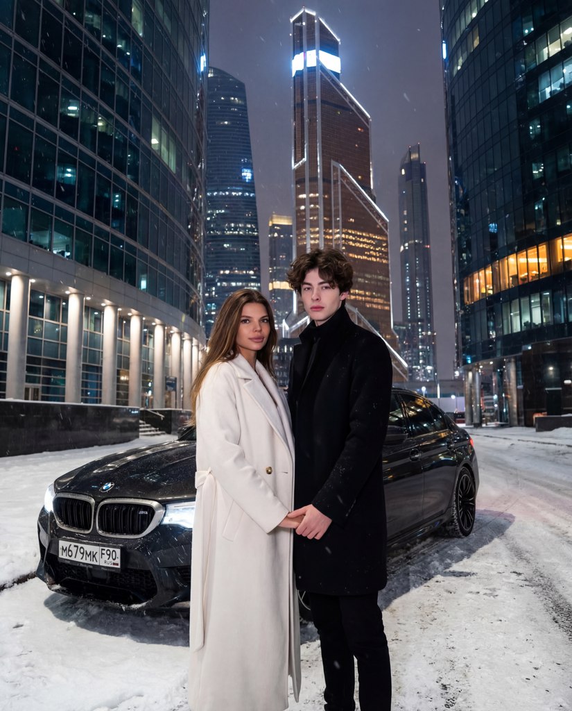 Романтическая фотосессия пары с авто и небоскрёбами Москва-Сити ночью с помощью нейросети — пример результата