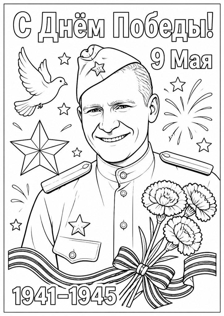 Открытка-раскраска ко Дню Победы — создание с помощью нейросети — пример результата