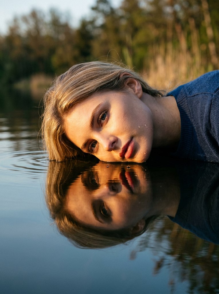Портрет с водой: генерация уникальных фото у реки, озера или на пляже — пример результата